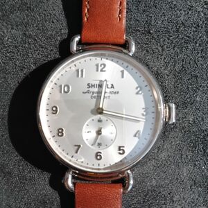 Shinola Silver Dial Watch with Brown Leather Strap